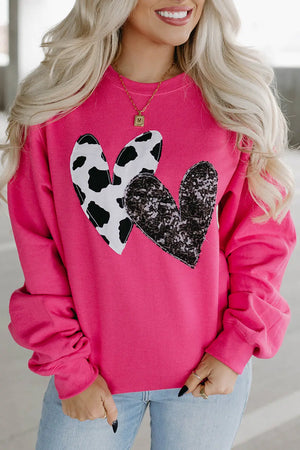 Strawberry Pink 62.7%Polyester+37.3%Cotton Cow & Sequin Double Heart Patch Graphic Sweatshirt - women's sweatshirt at TFC&H Co.