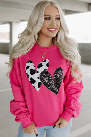 Cow & Sequin Double Heart Patch Graphic Sweatshirt - women's sweatshirt at TFC&H Co.