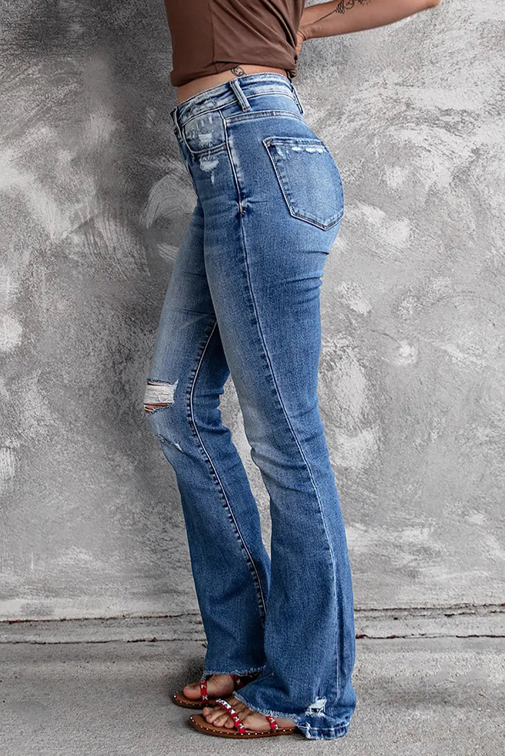 Dark Blue Ripped Raw Hem High Waist Flare Jeans - women's jeans at TFC&H Co.