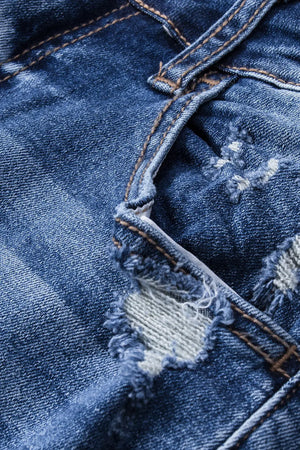 Dark Blue Ripped Raw Hem High Waist Flare Jeans - women's jeans at TFC&H Co.