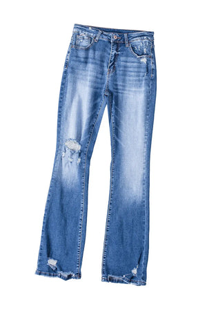 - Dark Blue Ripped Raw Hem High Waist Flare Jeans - womens jeans at TFC&H Co.