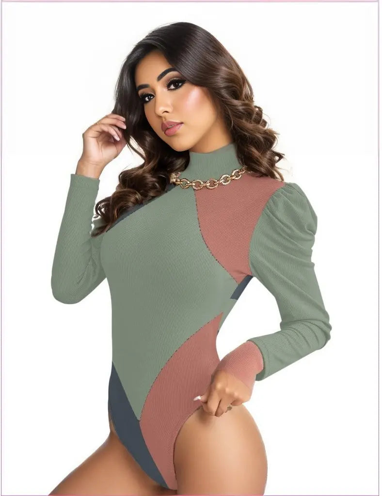 - Eclectic Womens Turtleneck Bodysuit With Puff Sleeve - womens bodysuit at TFC&H Co.