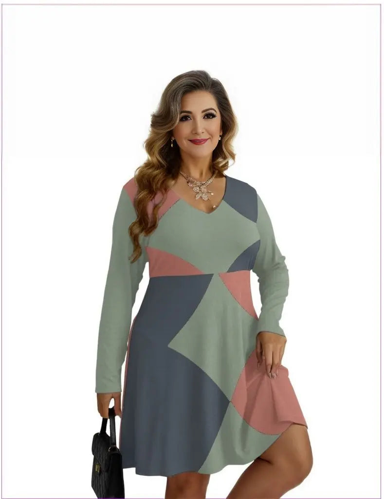 multi-colored Eclectic Womens V-neck Long Sleeve Dress Voluptuous (+) Plus Size - women's dress at TFC&H Co.