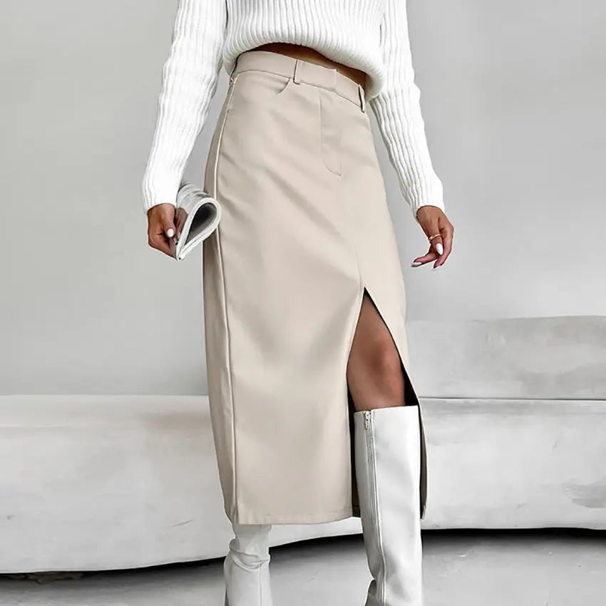 Fleece Lined Artificial Leather High Waist Slit Skirt for Women - women's skirt at TFC&H Co.