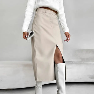 - Fleece Lined Artificial Leather High Waist Slit Skirt for Women - womens skirt at TFC&H Co.