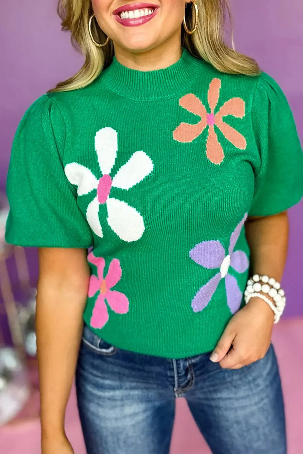 Bright Green 50%Viscose+28%Polyester+22%Polyamide - Floral Bubble Short Sleeve Sweater - womens sweater at TFC&H Co.