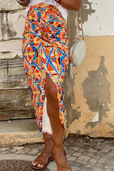 Yellow 95%Polyester+5%Elastane Geometric Abstract Print Slit High Waist Maxi Skirt - women's skirt at TFC&H Co.