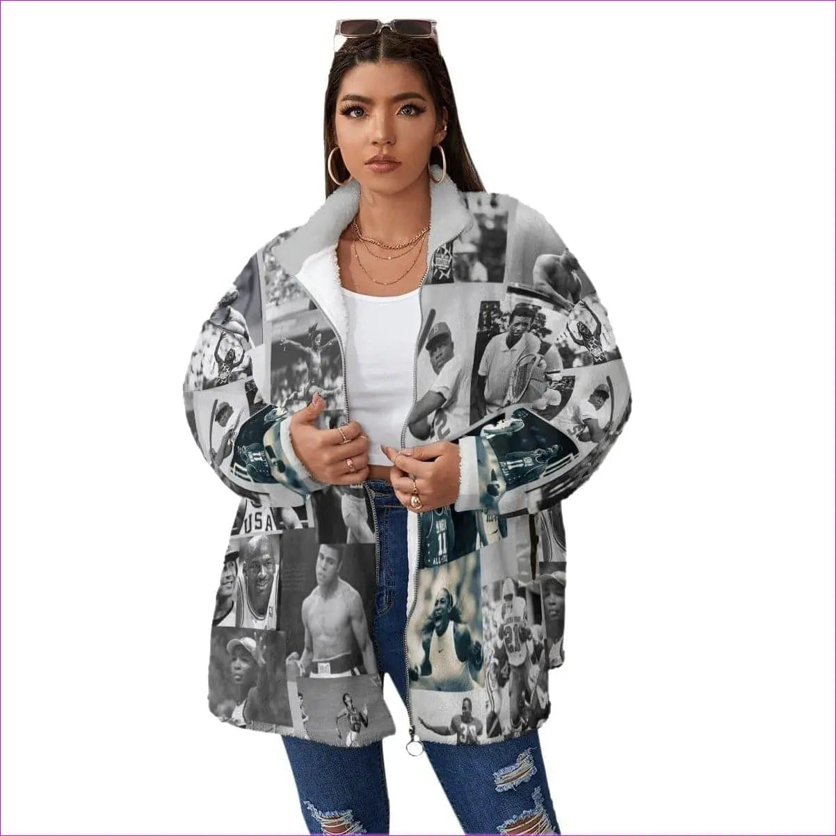 gray - Greats Womens Block Borg Stand-up Collar Coat With Zipper Voluptuous (+) Plus Size - womens coat at TFC&H Co.