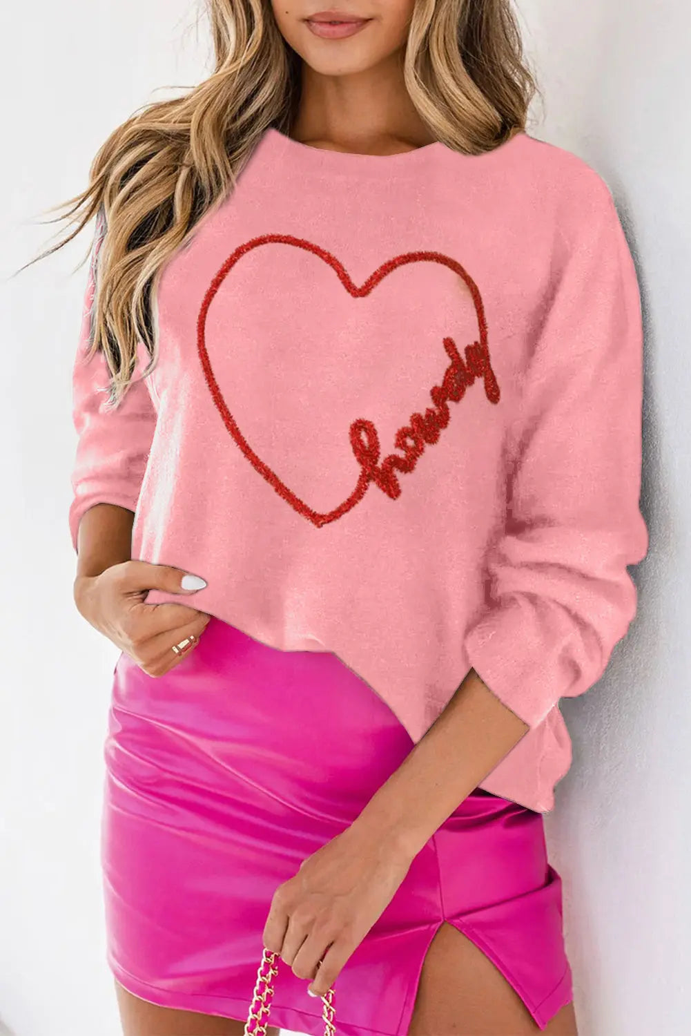 Pink 100%Polyester - Howdy Heart Graphic Round Neck Casual Sweater - womens sweater at TFC&H Co.