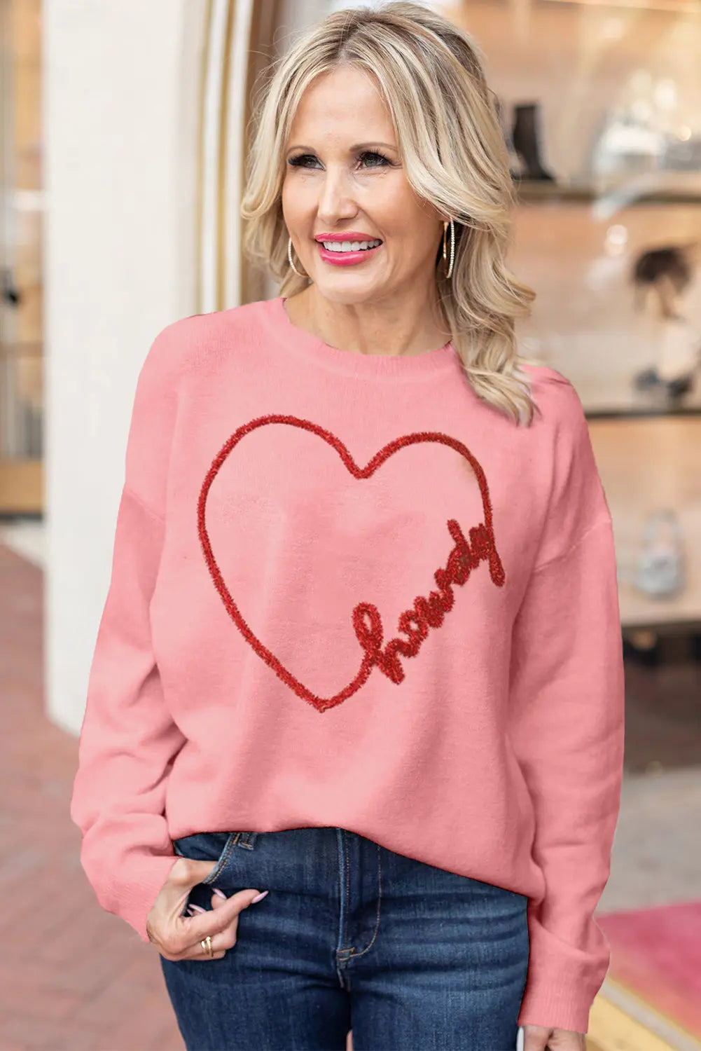 - Howdy Heart Graphic Round Neck Casual Sweater - womens sweater at TFC&H Co.