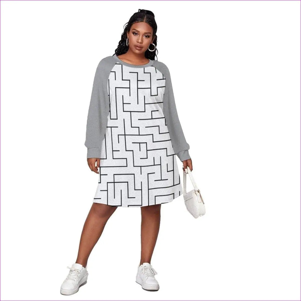 White - Labyrinth Womens Dress With Raglan Sleeve Voluptuous (+) Plus Size - womens dress at TFC&H Co.