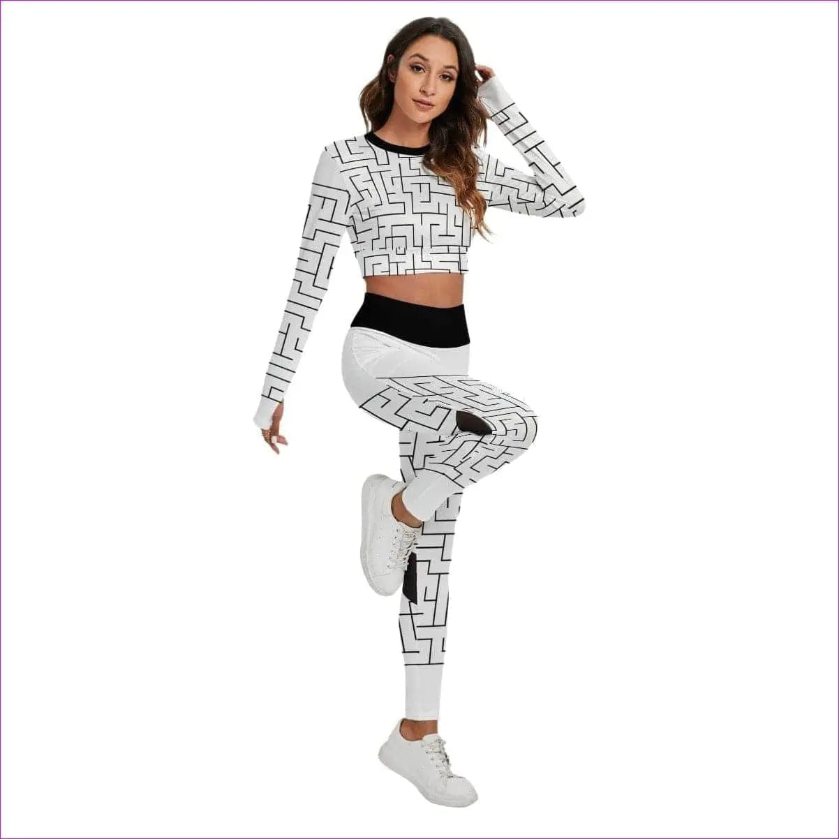 White Labyrinth Womens Sport Set With Backless Top And Leggings - women's top & leggings set at TFC&H Co.