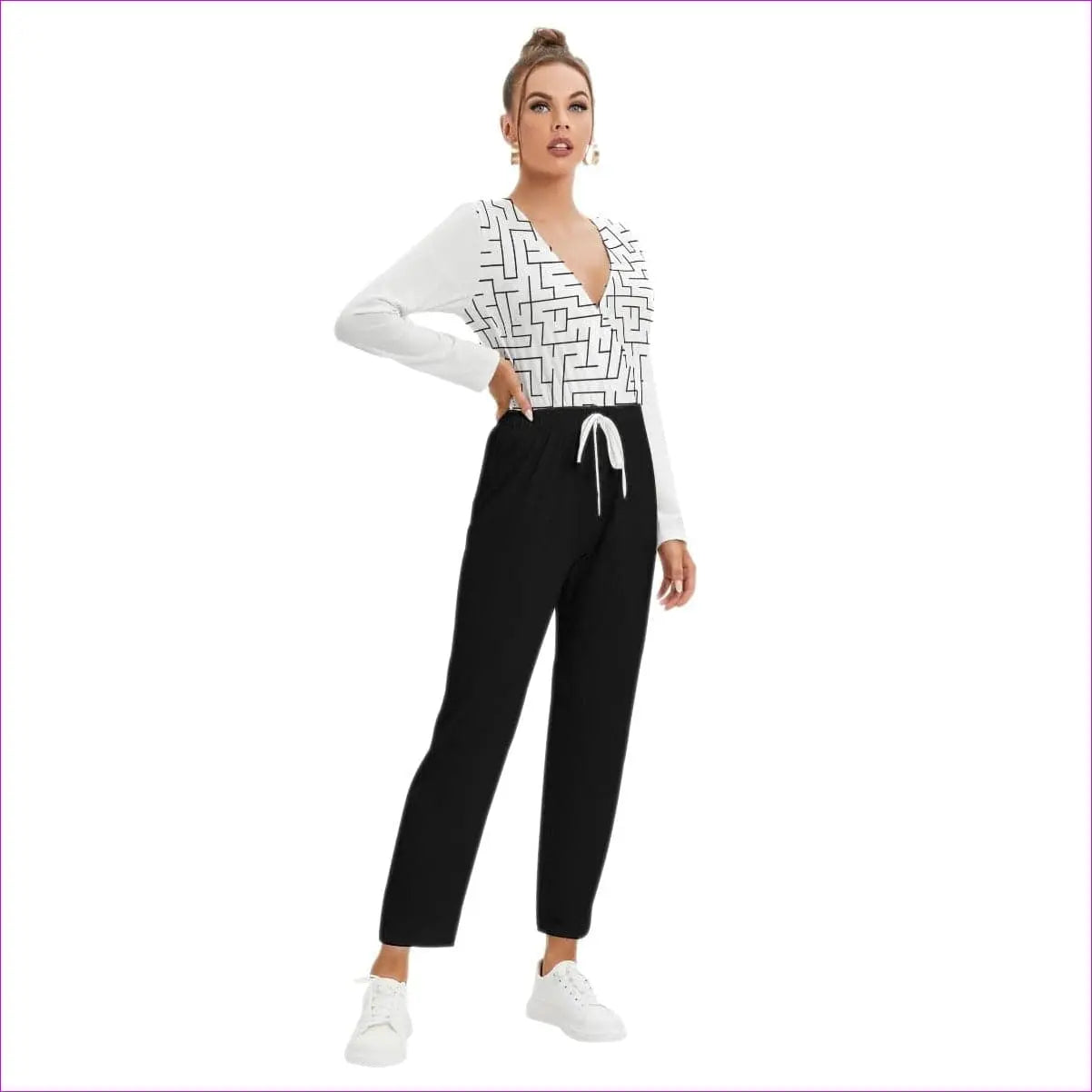 White - Labyrinth Womens V-neck High Waist Jumpsuit - womens jumpsuit at TFC&H Co.
