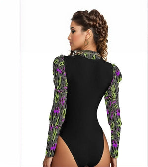 - Leopard Splash Grunge Womens Turtleneck Bodysuit With Puff Sleeve - womens turtleneck at TFC&H Co.
