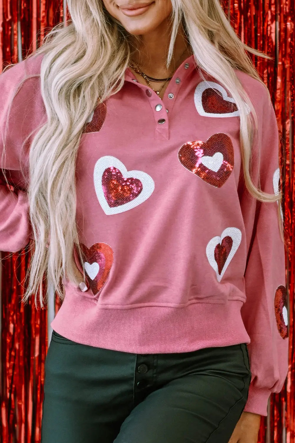 - Mineral Wash Sequin Heart Snap Buttons Collared Sweatshirt - womens sweatshirt at TFC&H Co.