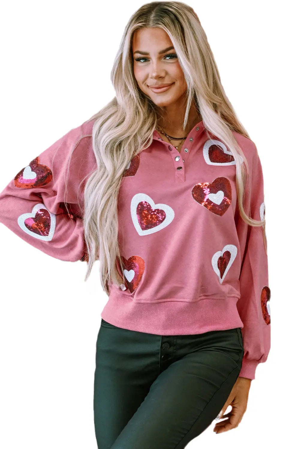 - Mineral Wash Sequin Heart Snap Buttons Collared Sweatshirt - womens sweatshirt at TFC&H Co.