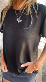 Black - Women's Fashion Casual Metallic Shine Short Sleeve Round Neck T-Shirt - women's t-shirt at TFC&H Co.