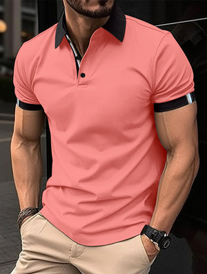 Pink - Men's Casual Button Solid Color Polo Shirt - mens polo shirt at TFC&H Co.