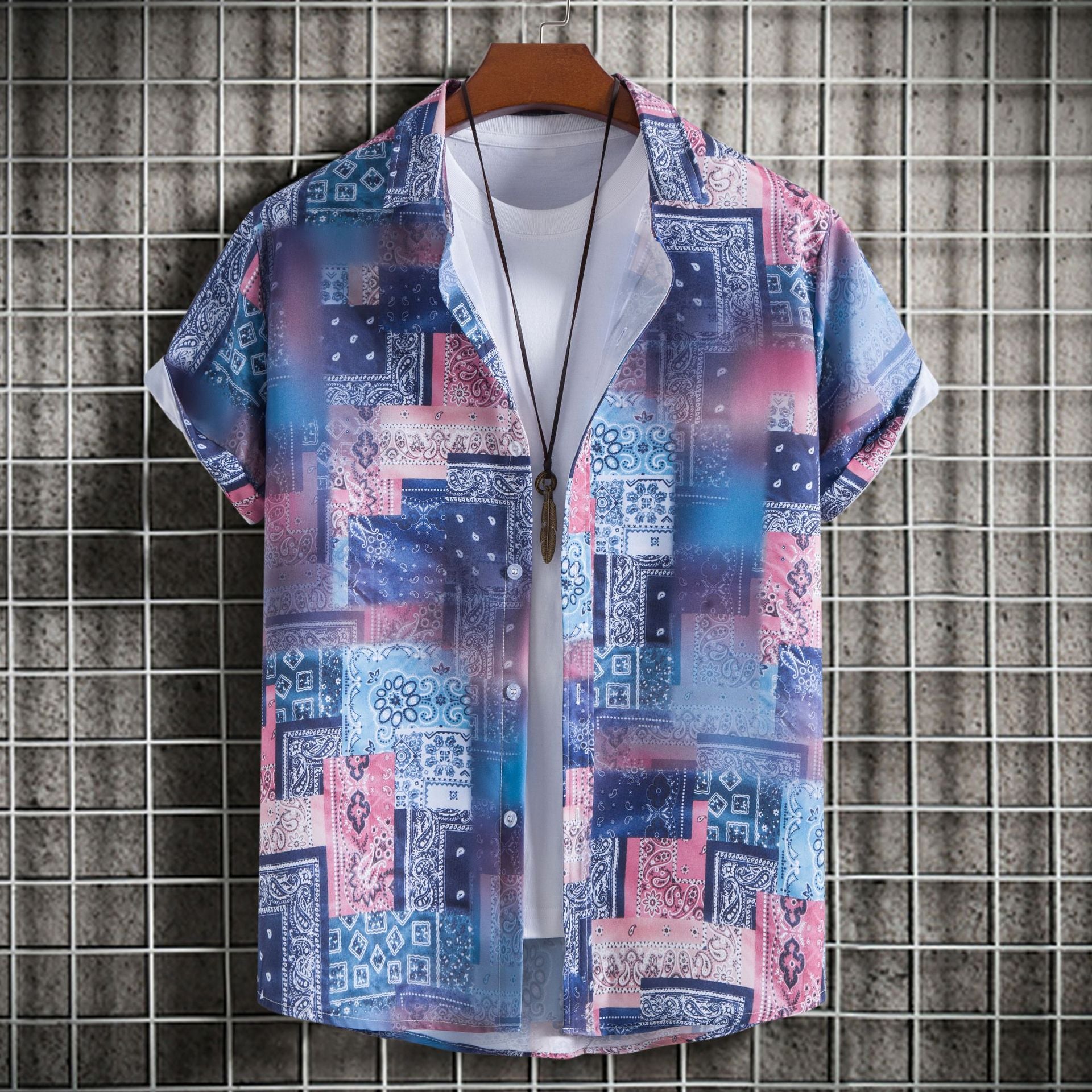 C221 - Men's Fashion Slim-fit Printed Short Sleeve Button Up Shirts - mens button up shirt at TFC&H Co.
