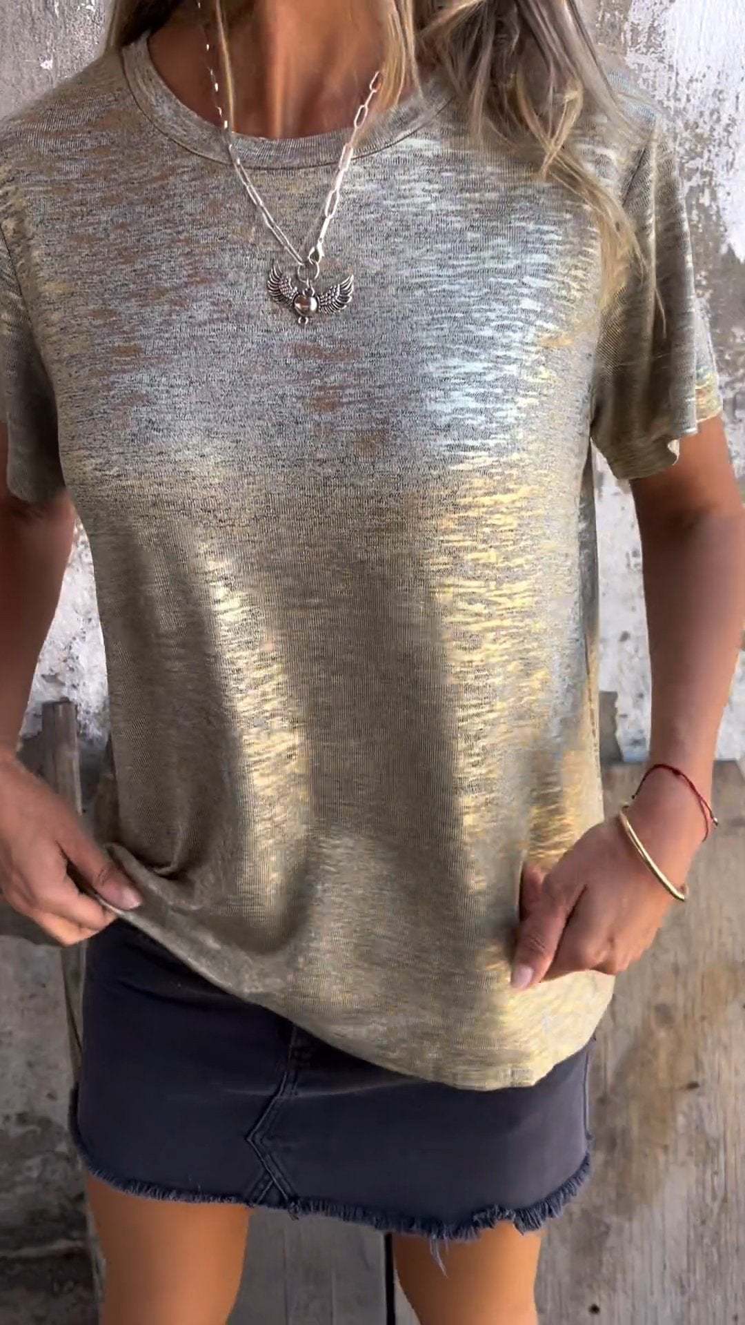 Gold - Women's Fashion Casual Metallic Shine Short Sleeve Round Neck T-Shirt - women's t-shirt at TFC&H Co.