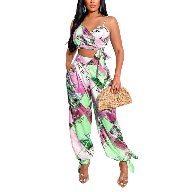 Women's Printed Chest Wrap and Harem Pants Outfit Set