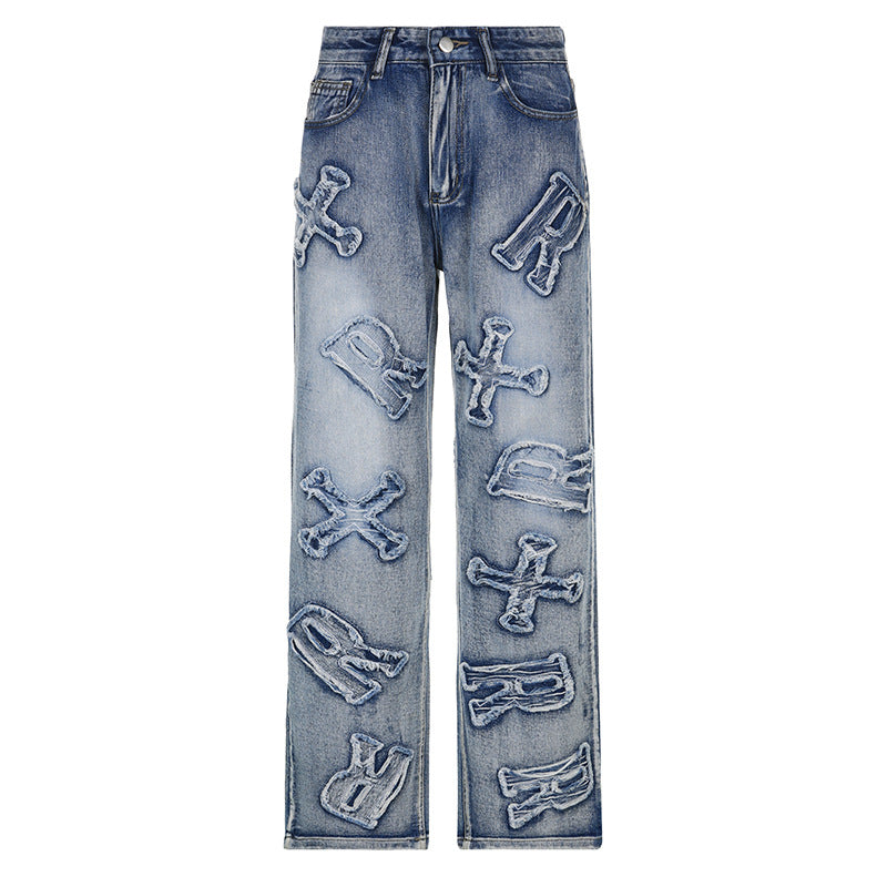 S (6-8) blue - Personality Letter Patch Loose Straight Jeans - womens jeans at TFC&H Co.