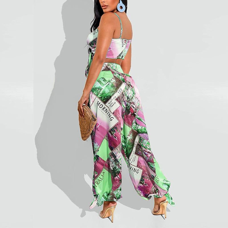 Rose Red - Women's Printed Chest Wrap and Harem Pants Outfit Set - womens pants set at TFC&H Co.