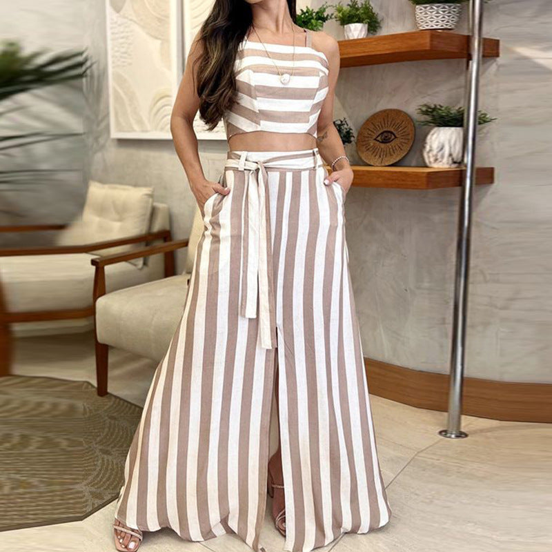 Camel - Striped Print Crop Top and Skirt Set for Women - womens skirt set at TFC&H Co.