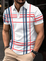 White - Men's Printed Lapel Button Up Short Sleeved Polo Shirt - mens polo shirt at TFC&H Co.
