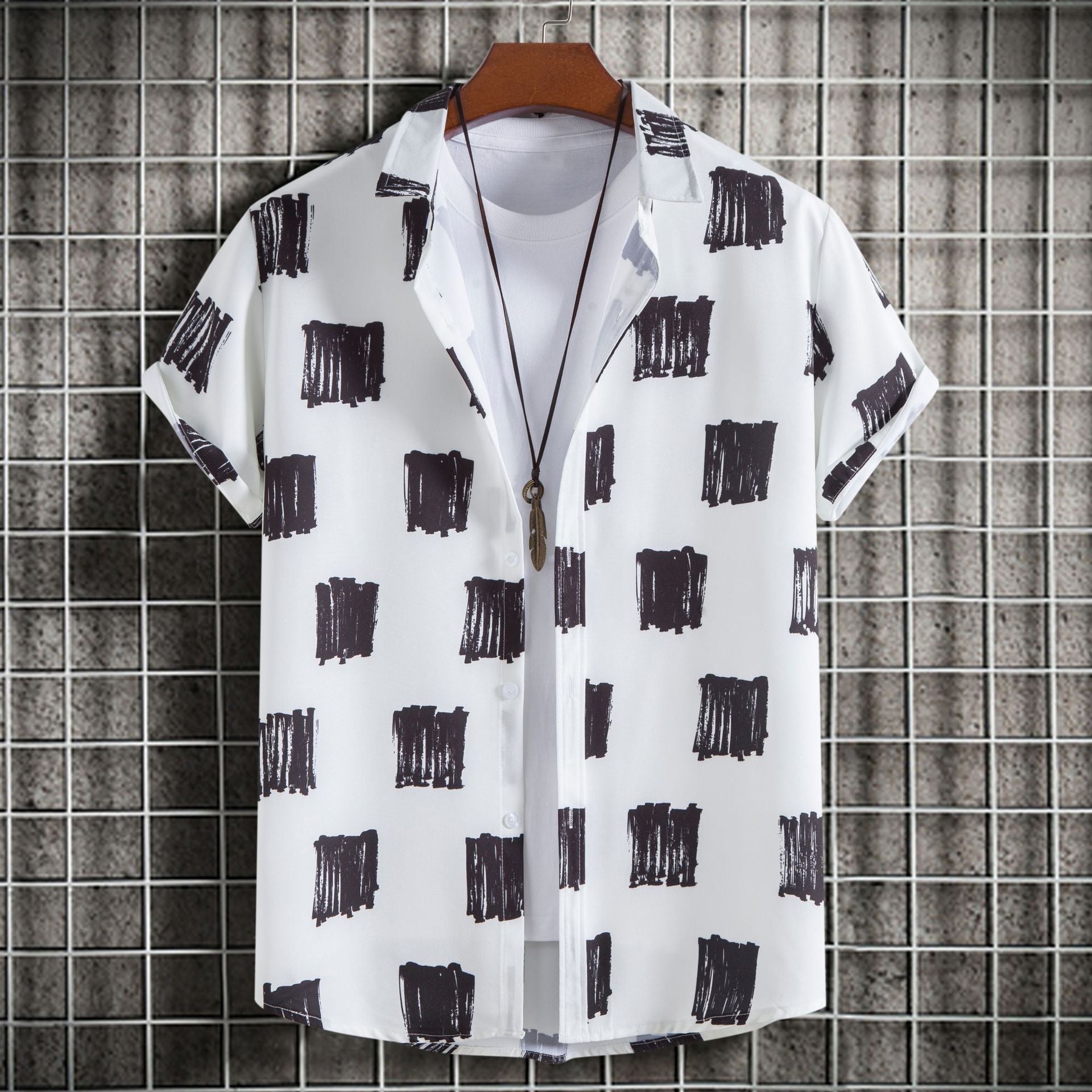 Men's Fashion Slim-fit Printed Short Sleeve Button Up Shirts