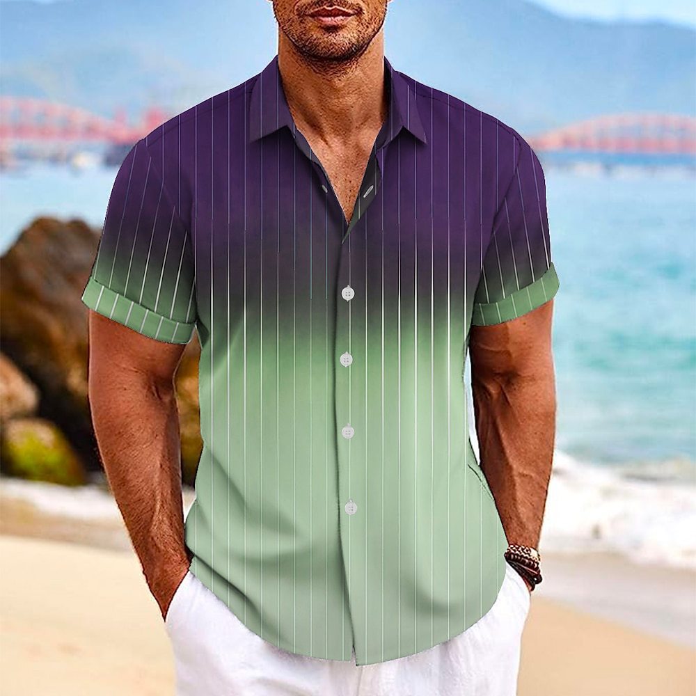 Summer Gradient Striped Lapel Button Up Shirt for Men - Men's Clothing