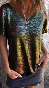 Color - Women's Fashion Casual Metallic Shine Short Sleeve Round Neck T-Shirt - women's t-shirt at TFC&H Co.