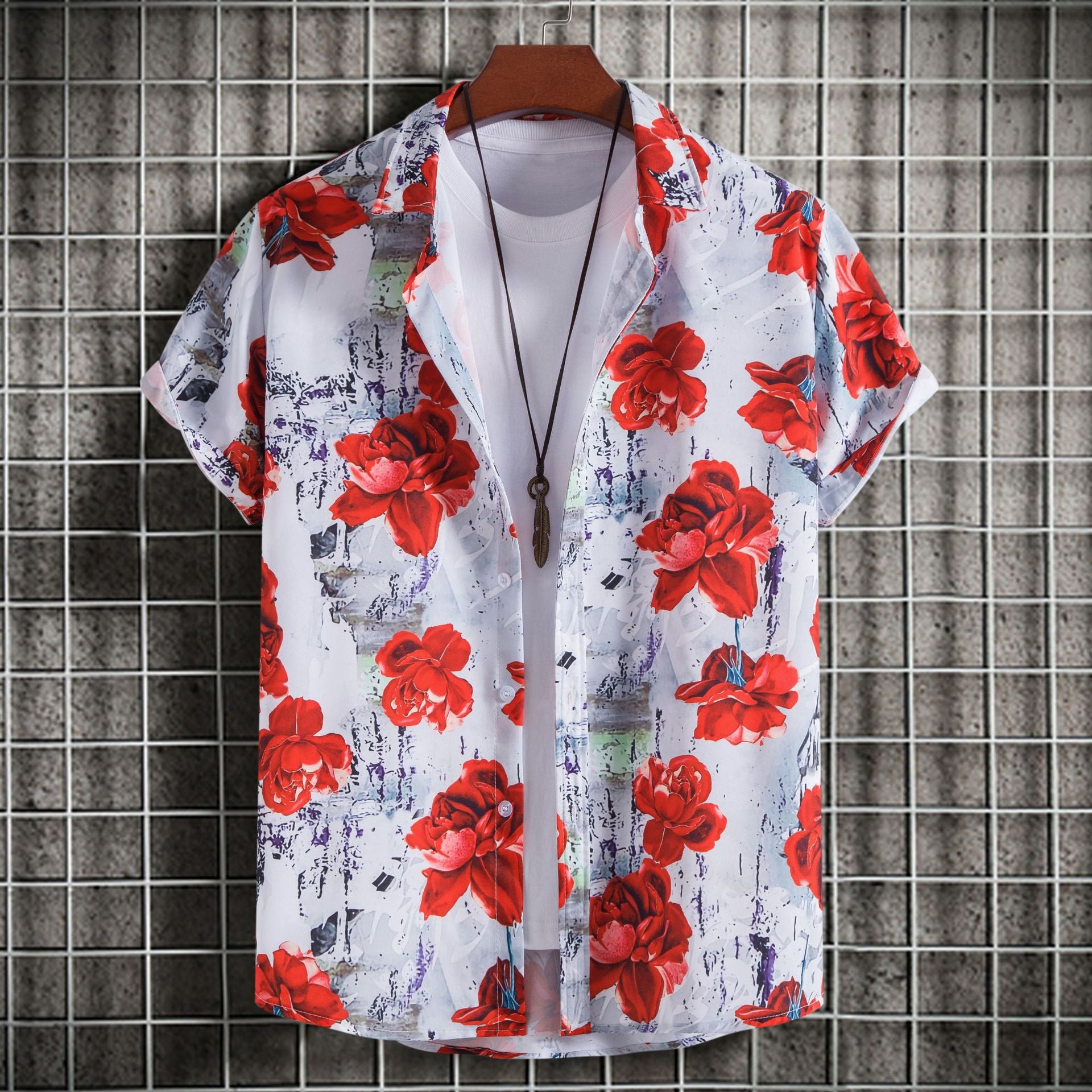 C229 - Men's Fashion Slim-fit Printed Short Sleeve Button Up Shirts - mens button up shirt at TFC&H Co.