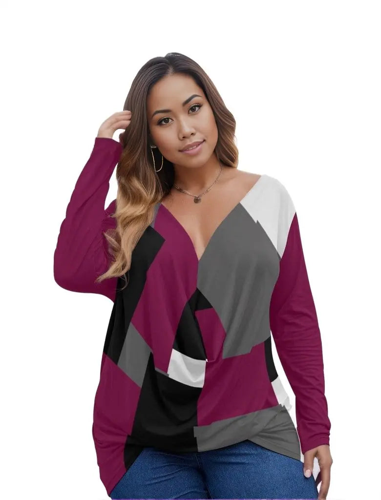 multi-colored - Patchwork Womens V-neck Plus Draped Longline Top With Long Sleeve Voluptuous (+) Plus Size - womens top at TFC&H Co.