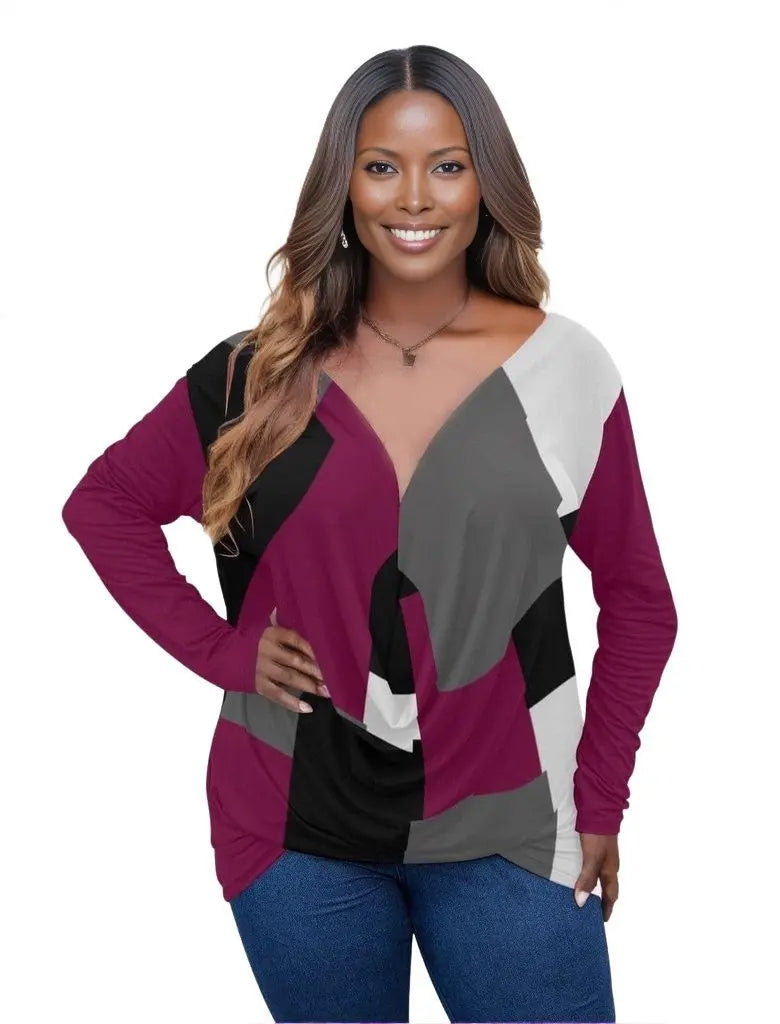 - Patchwork Womens V-neck Plus Draped Longline Top With Long Sleeve Voluptuous (+) Plus Size - womens top at TFC&H Co.