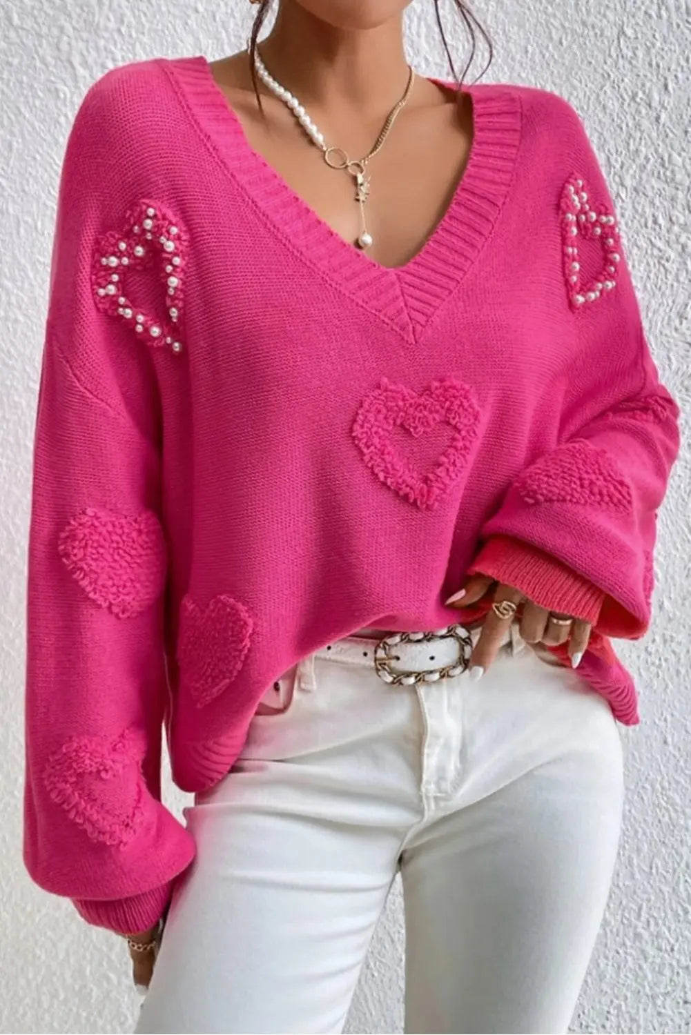 Rose Red 85%Viscose+15%Polyamide Pearl Embellished Fuzzy Hearts V Neck Sweater - women's sweater at TFC&H Co.
