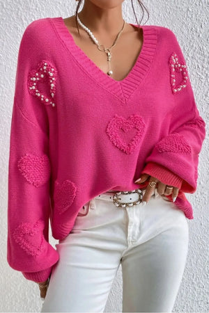 Rose Red 85%Viscose+15%Polyamide - Pearl Embellished Fuzzy Hearts V Neck Sweater - womens sweater at TFC&H Co.