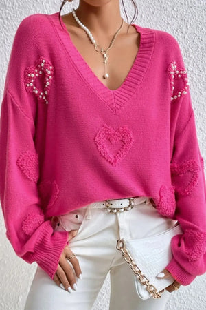 Pearl Embellished Fuzzy Hearts V Neck Sweater - women's sweater at TFC&H Co.