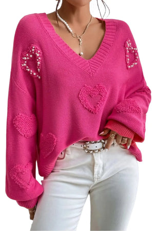 Pearl Embellished Fuzzy Hearts V Neck Sweater - women's sweater at TFC&H Co.