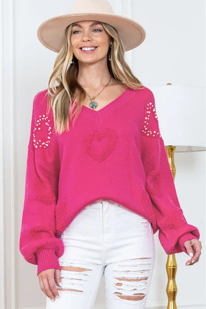 - Pearl Embellished Fuzzy Hearts V Neck Sweater - womens sweater at TFC&H Co.