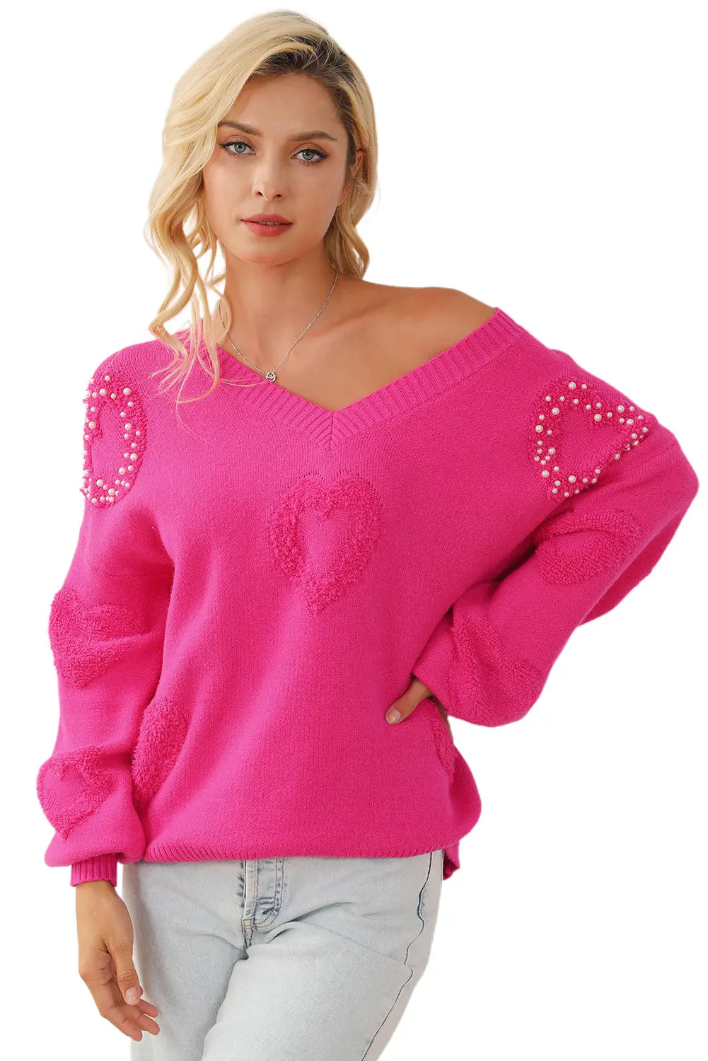 - Pearl Embellished Fuzzy Hearts V Neck Sweater - womens sweater at TFC&H Co.