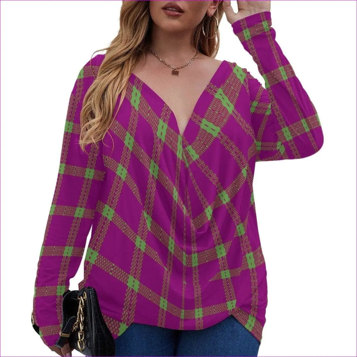 Pink - Perfusion Plaid Womens V-neck Plus Draped Longline Top With Long Sleeve Voluptuous (+) Plus Size - womens top at TFC&H Co.