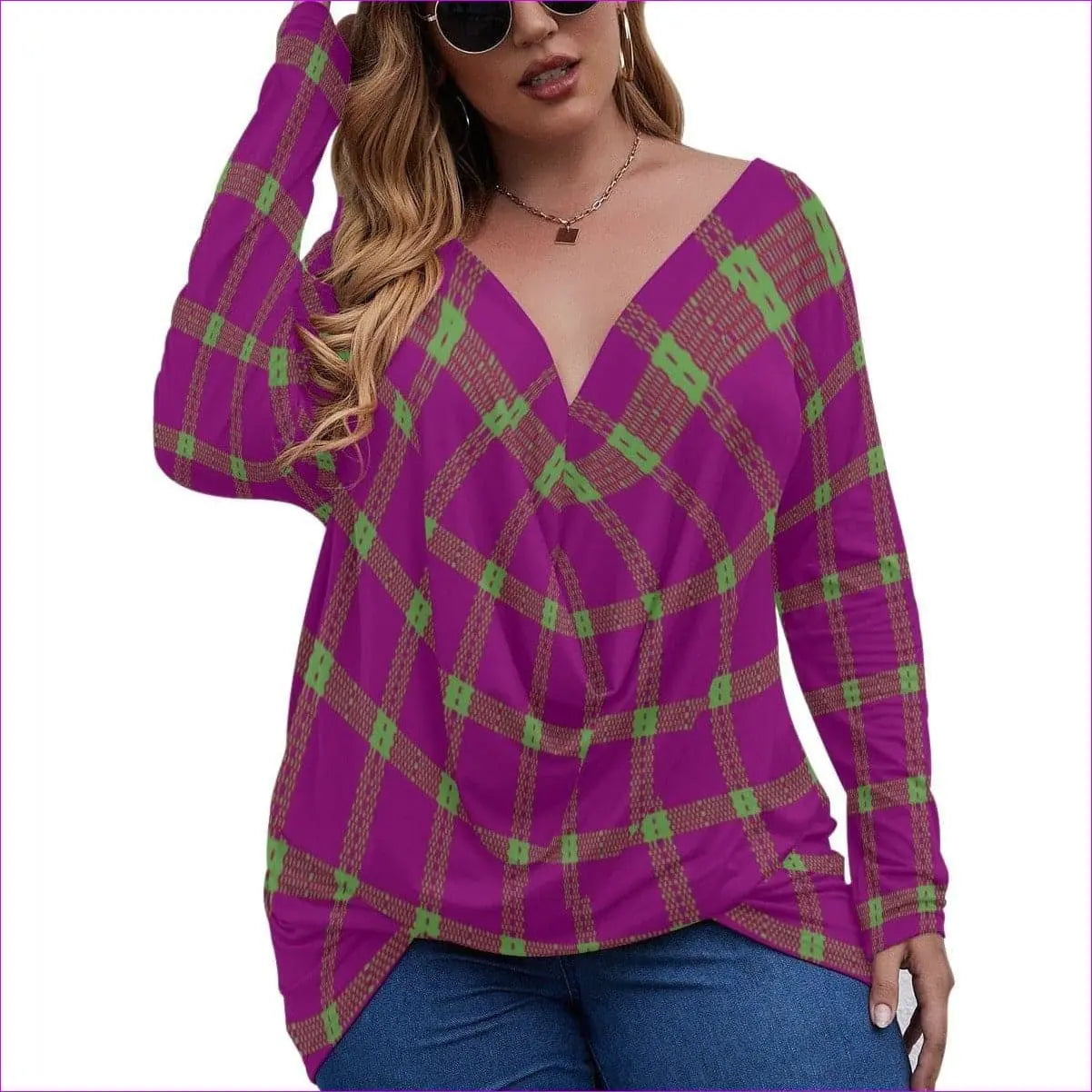 - Perfusion Plaid Womens V-neck Plus Draped Longline Top With Long Sleeve Voluptuous (+) Plus Size - womens top at TFC&H Co.