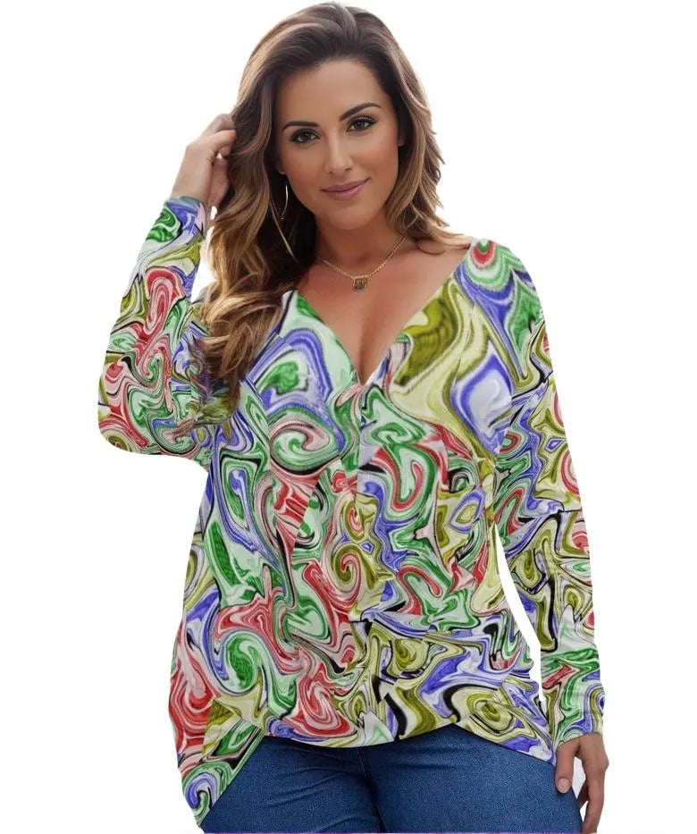 - Picasso Womens V-neck Plus Draped Longline Top With Long Sleeve Voluptuous (+) Plus Size - womens top at TFC&H Co.