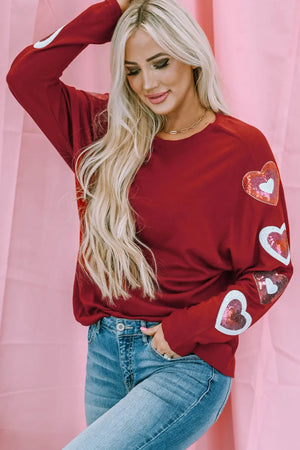 - Red Sequined Heart Printed Sleeves Valentine Fashion Top - womens shirt at TFC&H Co.