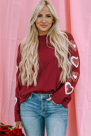 Red Sequined Heart Printed Sleeves Valentine Fashion Top - women's shirt at TFC&H Co.