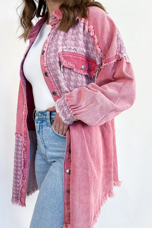 Pink 100%Cotton Retro Distressed Houndstooth Patchwork Denim Jacket - women's denim jacket at TFC&H Co.