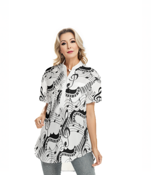 Keys All Black n White Women's Stand-up Collar Shirt With Open Button - women's button-up shirt at TFC&H Co.