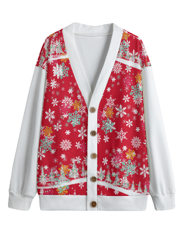 S White Red - Snow Man's Delight Unisex V-neck Knitted Hacci Fleece Christmas Cardigan With Button Closure - unisex cardigan at TFC&H Co.