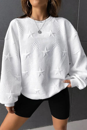 White 95%Polyester+5%Elastane Star Embossed Textured Drop Shoulder Sweatshirt - women's sweatshirt at TFC&H Co.
